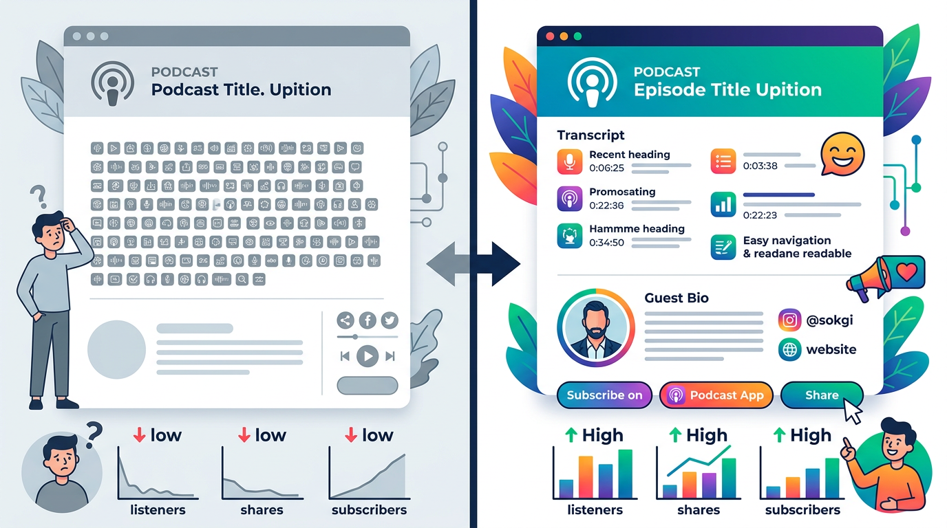Side-by-side comparison of ineffective vs. high-converting podcast episode landing pages, showing improved transcript display, guest bios, and subscription CTAs driving visitor engagement